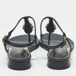 Pre Owned Loriblu Black Python Embossed Leather Crystal Embellish Thong Flats Sandals Size 38.5