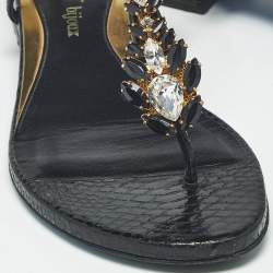 Pre Owned Loriblu Black Python Embossed Leather Crystal Embellish Thong Flats Sandals Size 38.5