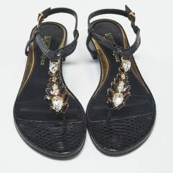 Pre Owned Loriblu Black Python Embossed Leather Crystal Embellish Thong Flats Sandals Size 38.5
