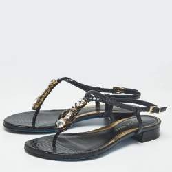 Pre Owned Loriblu Black Python Embossed Leather Crystal Embellish Thong Flats Sandals Size 38.5