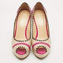 Pre Owned Loriblu Beige Leather Peep Toe Colorblock Pumps Size 38