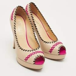 Pre Owned Loriblu Beige Leather Peep Toe Colorblock Pumps Size 38