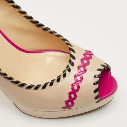 Pre Owned Loriblu Beige Leather Peep Toe Colorblock Pumps Size 38