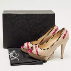 Pre Owned Loriblu Beige Leather Peep Toe Colorblock Pumps Size 38