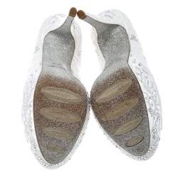 Pre Owned Loriblu White Embroidered Satin Swarovski Crystal Embellished Peep Toe Platform Pumps Size 36.5