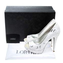 Pre Owned Loriblu White Embroidered Satin Swarovski Crystal Embellished Peep Toe Platform Pumps Size 36.5