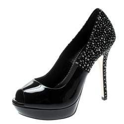 Pre Owned Loriblu Bijoux Black Crystal Embellished Suede And Patent Leather Peep Toe Platform Pumps Size 37