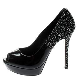 Pre Owned Loriblu Bijoux Black Crystal Embellished Suede And Patent Leather Peep Toe Platform Pumps Size 37
