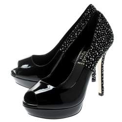 Pre Owned Loriblu Bijoux Black Crystal Embellished Suede And Patent Leather Peep Toe Platform Pumps Size 37