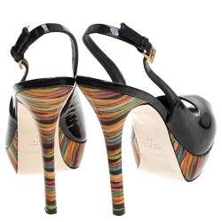 Pre Owned Loriblu Black Patent Leather Peep Toe Slingback Sandals Size 38