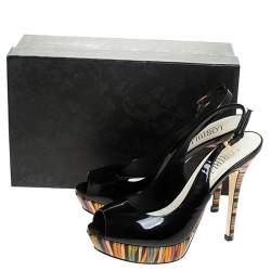 Pre Owned Loriblu Black Patent Leather Peep Toe Slingback Sandals Size 38