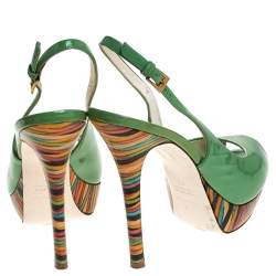 Pre Owned Loriblu Green Patent Leather Peep Toe Platform Slingback Sandals Size 38