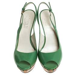 Pre Owned Loriblu Green Patent Leather Peep Toe Platform Slingback Sandals Size 38