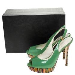Pre Owned Loriblu Green Patent Leather Peep Toe Platform Slingback Sandals Size 38