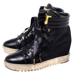 Loriblu Black Leather and Nylon Lace Up Wedge Sneakers Size 36