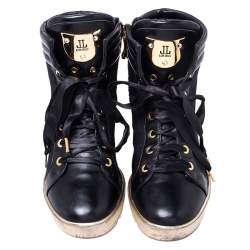 Loriblu Black Leather and Nylon Lace Up Wedge Sneakers Size 36