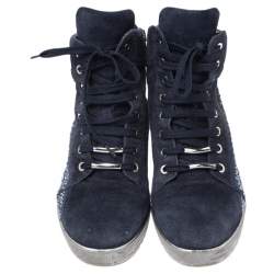 Loriblu Blue Crystal Embellished Suede and Python Embossed Leather High Top Sneakers Size 38.5