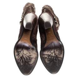 Pre Owned Loriblu Dark Brown Embossed Leather Studded Buckle Knee Boots Size 38.5