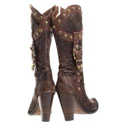 Pre Owned Loriblu Dark Brown Embossed Leather Studded Buckle Knee Boots Size 38.5