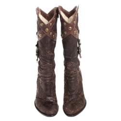 Pre Owned Loriblu Dark Brown Embossed Leather Studded Buckle Knee Boots Size 38.5