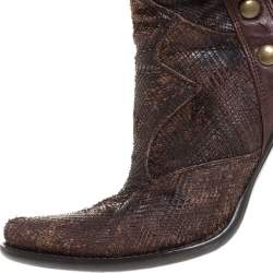 Pre Owned Loriblu Dark Brown Embossed Leather Studded Buckle Knee Boots Size 38.5