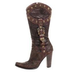 Pre Owned Loriblu Dark Brown Embossed Leather Studded Buckle Knee Boots Size 38.5