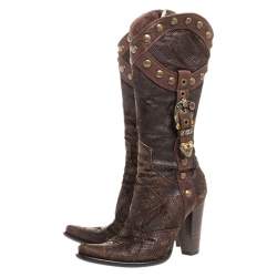 Pre Owned Loriblu Dark Brown Embossed Leather Studded Buckle Knee Boots Size 38.5