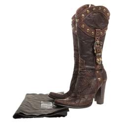Pre Owned Loriblu Dark Brown Embossed Leather Studded Buckle Knee Boots Size 38.5
