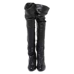 Loriblu Black Leather Pleat Detail Platform Knee Length Boots Size 37