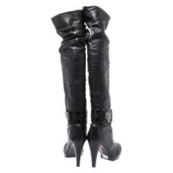 Loriblu Black Leather Pleat Detail Platform Knee Length Boots Size 37