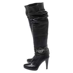 Loriblu Black Leather Pleat Detail Platform Knee Length Boots Size 37