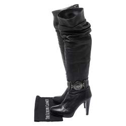 Loriblu Black Leather Pleat Detail Platform Knee Length Boots Size 37