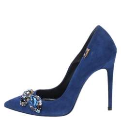 Loriblu Blue Crystal Embellished Suede Pointed Toe Pumps Size 38.5