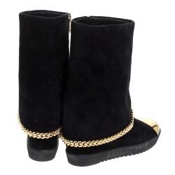 Loriblu Black Suede Metal Cap Toe Wedge Heel Calf Boots Size 41