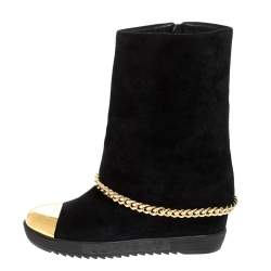 Loriblu Black Suede Metal Cap Toe Wedge Heel Calf Boots Size 41