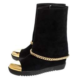 Loriblu Black Suede Metal Cap Toe Wedge Heel Calf Boots Size 41