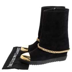 Loriblu Black Suede Metal Cap Toe Wedge Heel Calf Boots Size 41