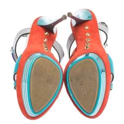 Pre Owned Loriblu Multicolor Suede Spike And Chain Embellished Platform Sandals Size 37.5