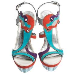 Pre Owned Loriblu Multicolor Suede Spike And Chain Embellished Platform Sandals Size 37.5