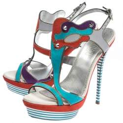 Pre Owned Loriblu Multicolor Suede Spike And Chain Embellished Platform Sandals Size 37.5