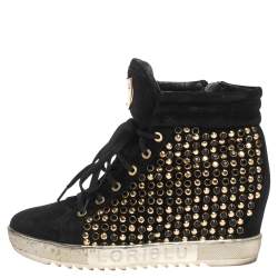 Pre Owned Loriblu Black Suede Crystal Embellished High Top Sneakers Size 38