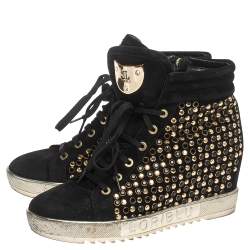 Pre Owned Loriblu Black Suede Crystal Embellished High Top Sneakers Size 38
