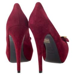 Pre Owned Loriblu Red Suede Embellished Bow Peep Toe Platform Pumps Size 38.5