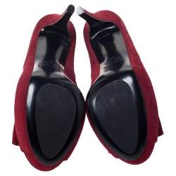 Pre Owned Loriblu Red Suede Embellished Bow Peep Toe Platform Pumps Size 38.5