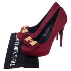 Pre Owned Loriblu Red Suede Embellished Bow Peep Toe Platform Pumps Size 38.5