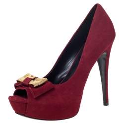 Pre Owned Loriblu Red Suede Embellished Bow Peep Toe Platform Pumps Size 38.5
