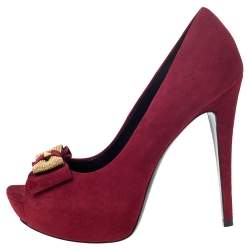 Pre Owned Loriblu Red Suede Embellished Bow Peep Toe Platform Pumps Size 38.5