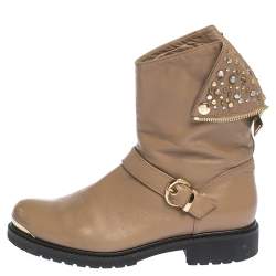 Pre Owned Loriblu Brown Leather Stud And Buckle Detail Ankle Boots Size 38