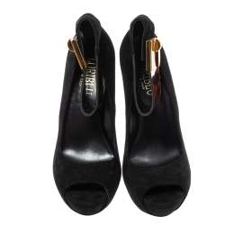 Pre Owned Loriblu Black Suede And Tortoise Patent Ankle Strap Turnlock Peep Toe Pumps Size 39