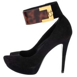 Pre Owned Loriblu Black Suede And Tortoise Patent Ankle Strap Turnlock Peep Toe Pumps Size 39